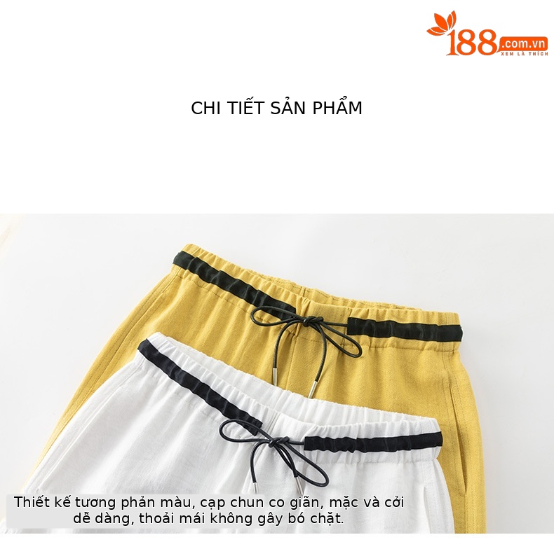 Quần ống rộng nữ vải lanh phối màu cạp chun dáng suông mát mẻ — Màu trắng chi tiết 13