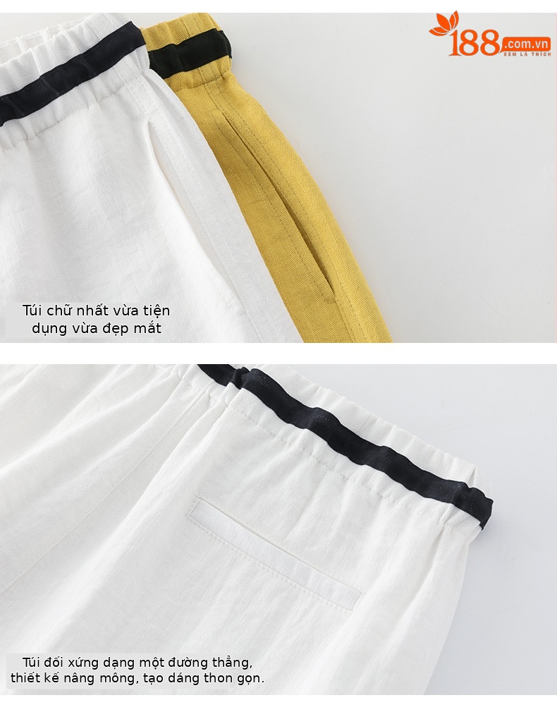 Quần ống rộng nữ vải lanh phối màu cạp chun dáng suông mát mẻ — Màu trắng chi tiết 14