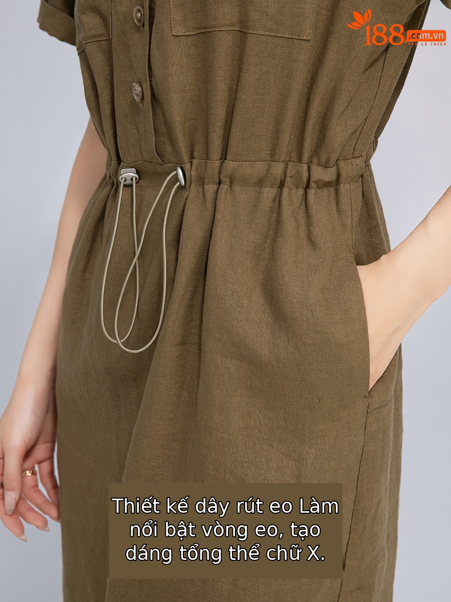 Váy maxi vải lanh nữ dáng rộng tay ngắn eo dây rút — Xanh ô liu