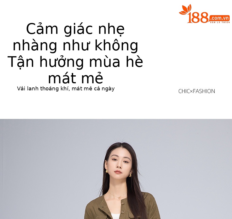 Váy maxi vải lanh nữ dáng rộng tay ngắn eo dây rút — Xanh ô liu chi tiết 1