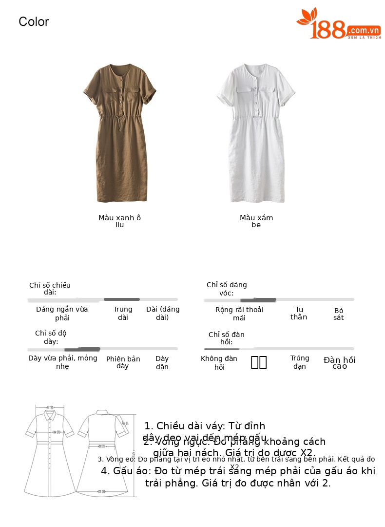 Váy maxi vải lanh nữ dáng rộng tay ngắn eo dây rút — Xanh ô liu chi tiết 5