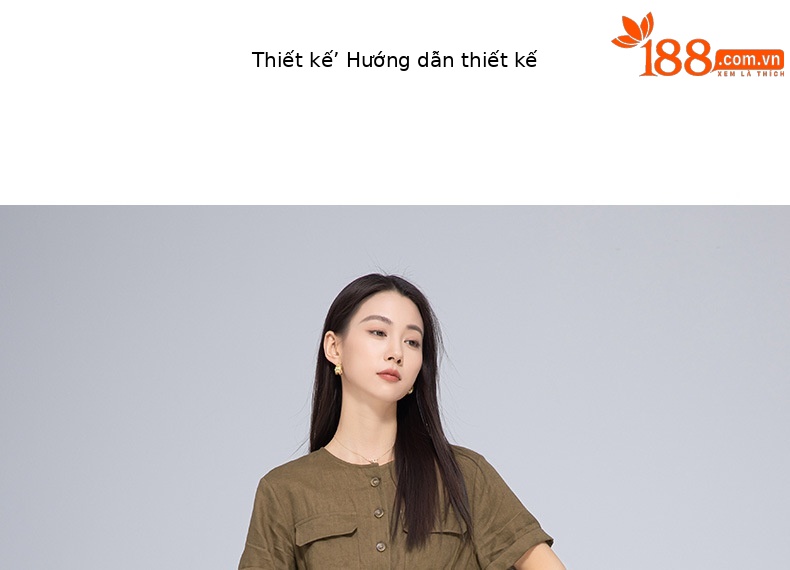 Váy maxi vải lanh nữ dáng rộng tay ngắn eo dây rút — Xanh ô liu chi tiết 8