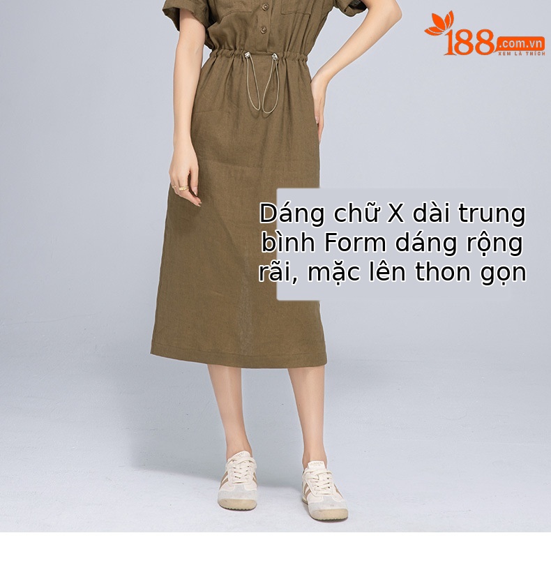 Váy maxi vải lanh nữ dáng rộng tay ngắn eo dây rút — Xanh ô liu chi tiết 9