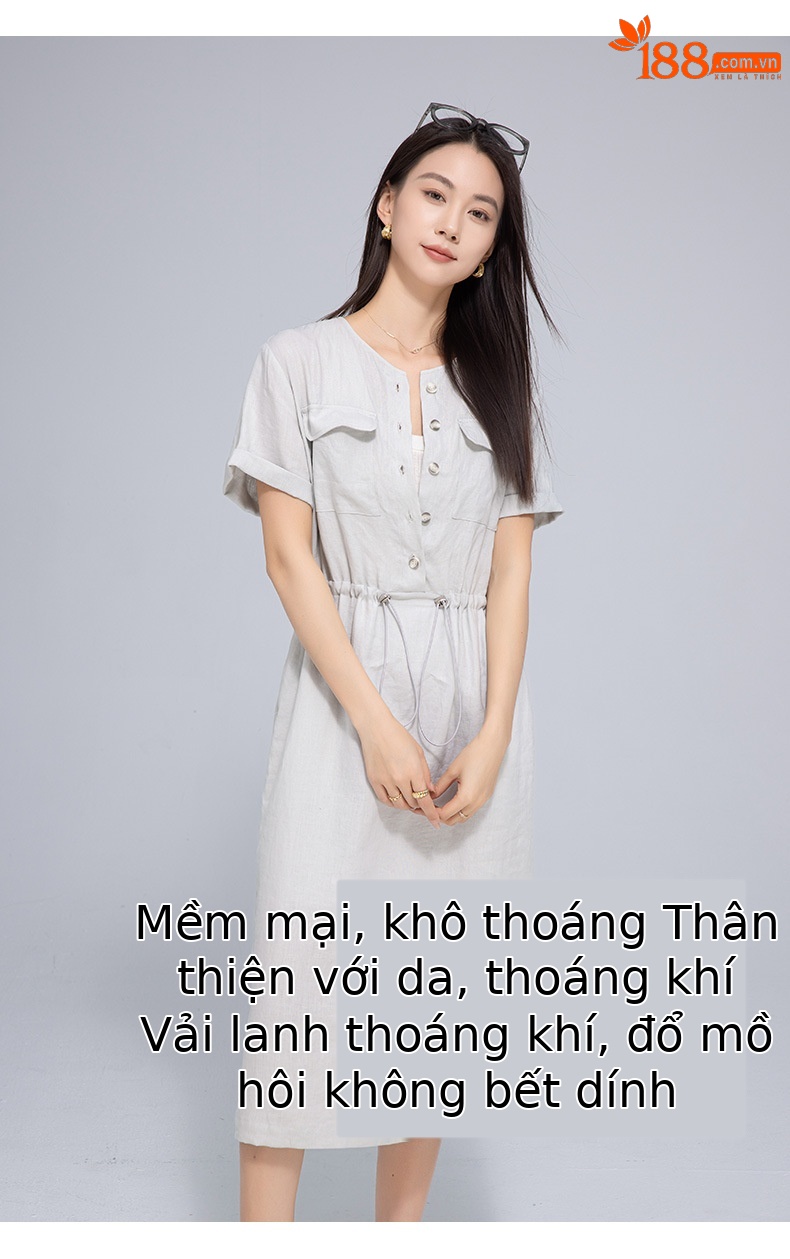 Váy maxi vải lanh nữ dáng rộng tay ngắn eo dây rút — Xanh ô liu chi tiết 10