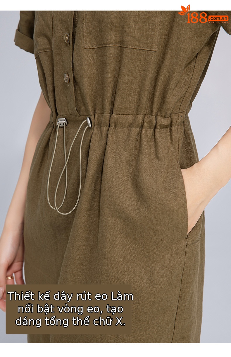 Váy maxi vải lanh nữ dáng rộng tay ngắn eo dây rút — Xanh ô liu chi tiết 12