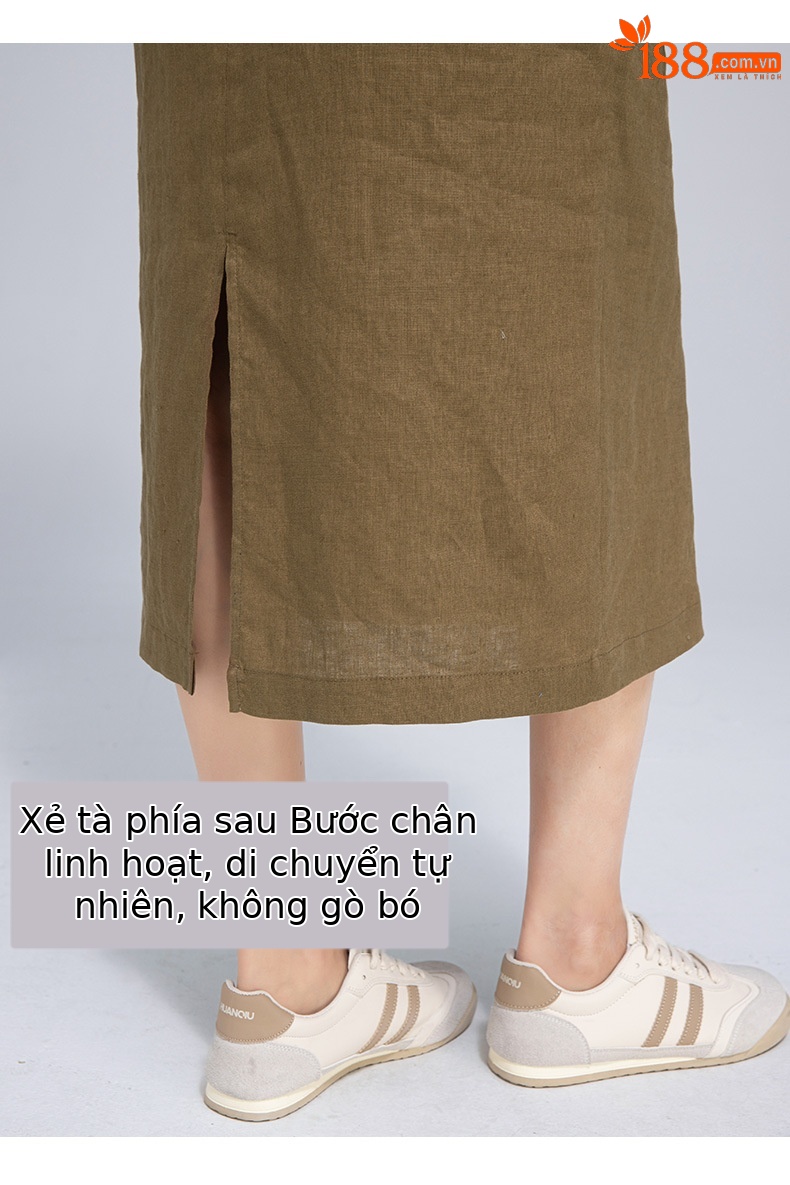 Váy maxi vải lanh nữ dáng rộng tay ngắn eo dây rút — Xanh ô liu chi tiết 13