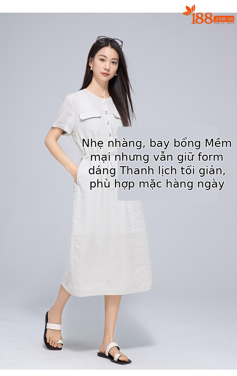 Váy maxi vải lanh nữ dáng rộng tay ngắn eo dây rút — Xanh ô liu chi tiết 14