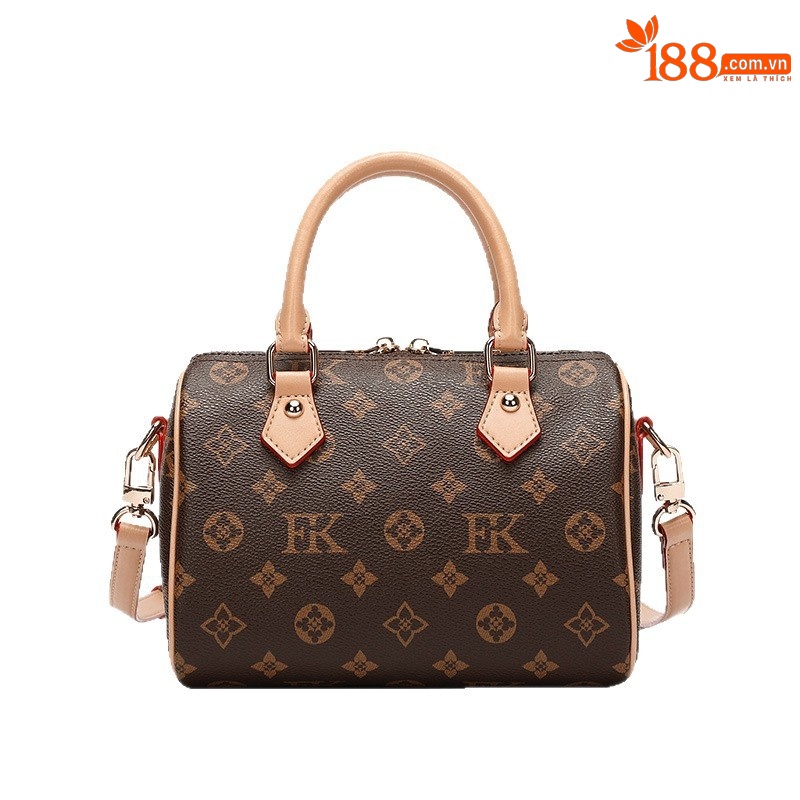 Túi xách tay đeo chéo da thật nữ kiểu Boston monogram — Màu nâu size nhỏ 17cm, Màu nâu cỡ vừa 20cm, Màu nâu size lớn 25cm