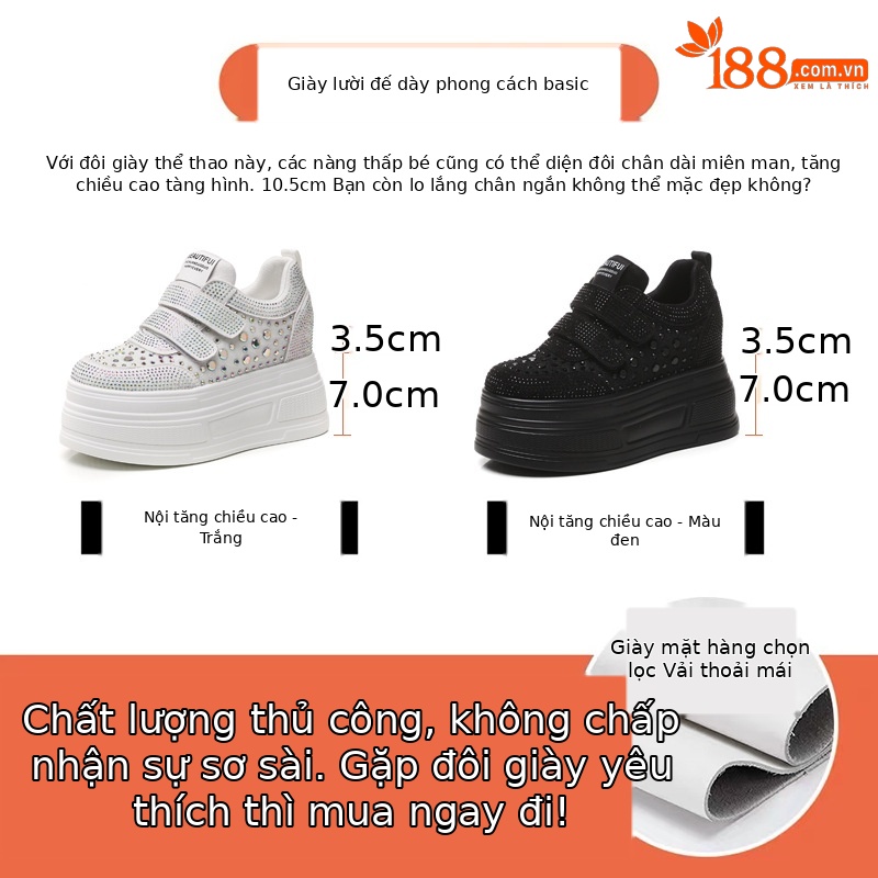 Giày sneaker nữ đế dày mặt lưới đính đá trắng — Màu đen