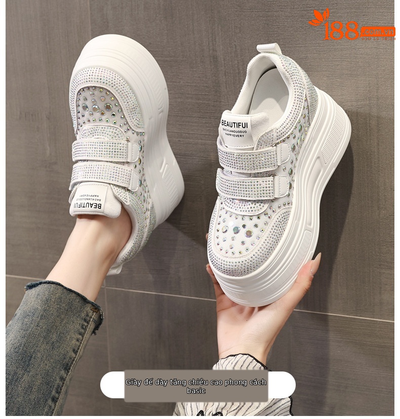 Giày sneaker nữ đế dày mặt lưới đính đá trắng — Màu đen chi tiết 1