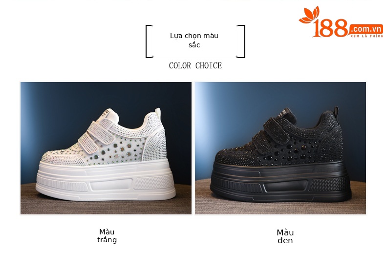 Giày sneaker nữ đế dày mặt lưới đính đá trắng — Màu đen chi tiết 2