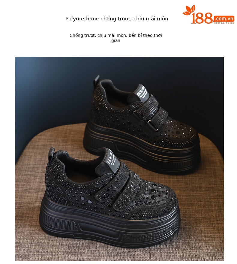 Giày sneaker nữ đế dày mặt lưới đính đá trắng — Màu đen chi tiết 10