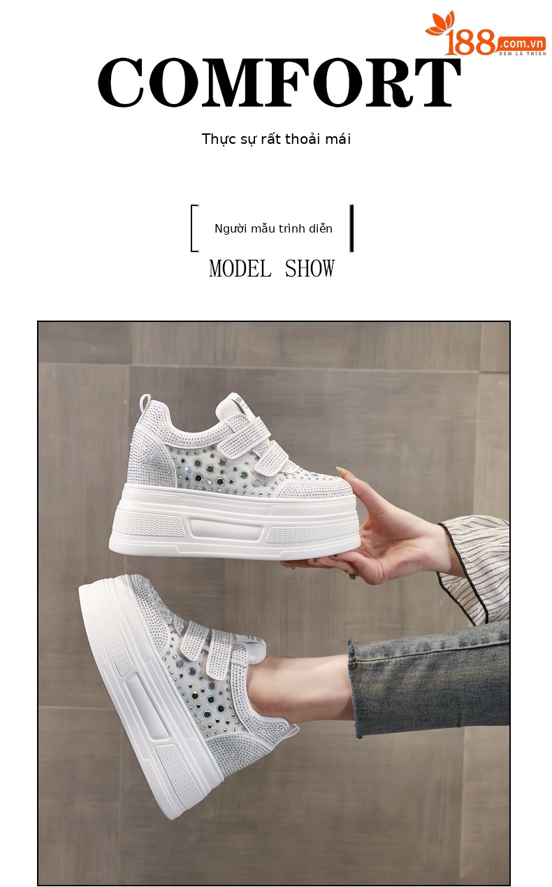 Giày sneaker nữ đế dày mặt lưới đính đá trắng — Màu đen chi tiết 11