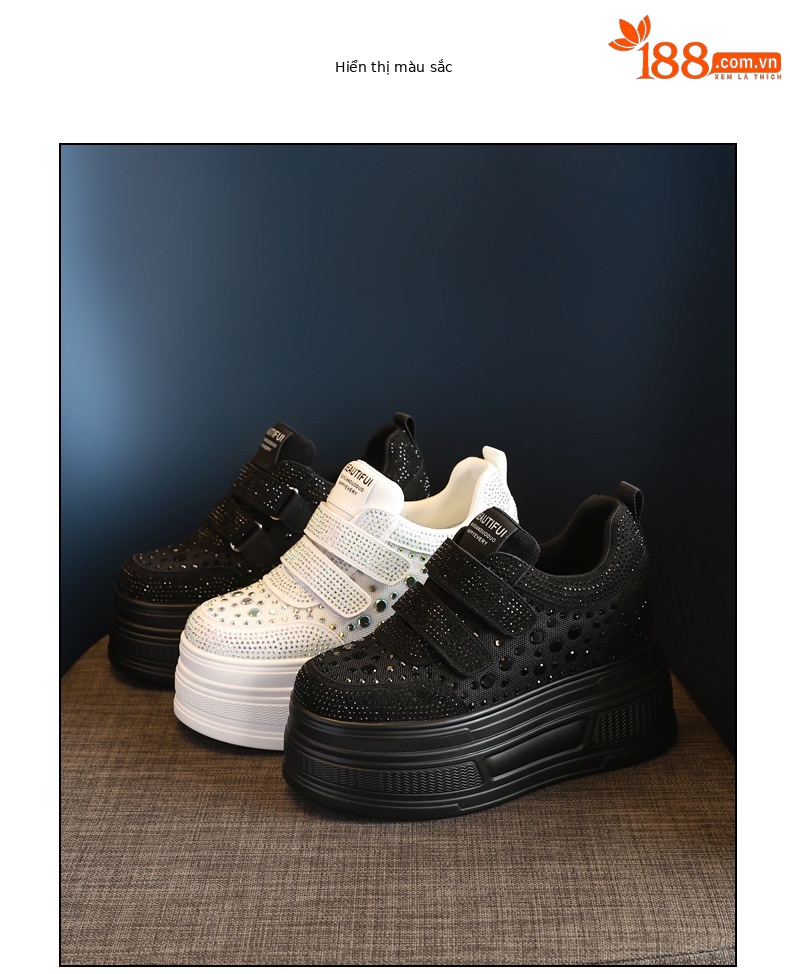 Giày sneaker nữ đế dày mặt lưới đính đá trắng — Màu đen chi tiết 18