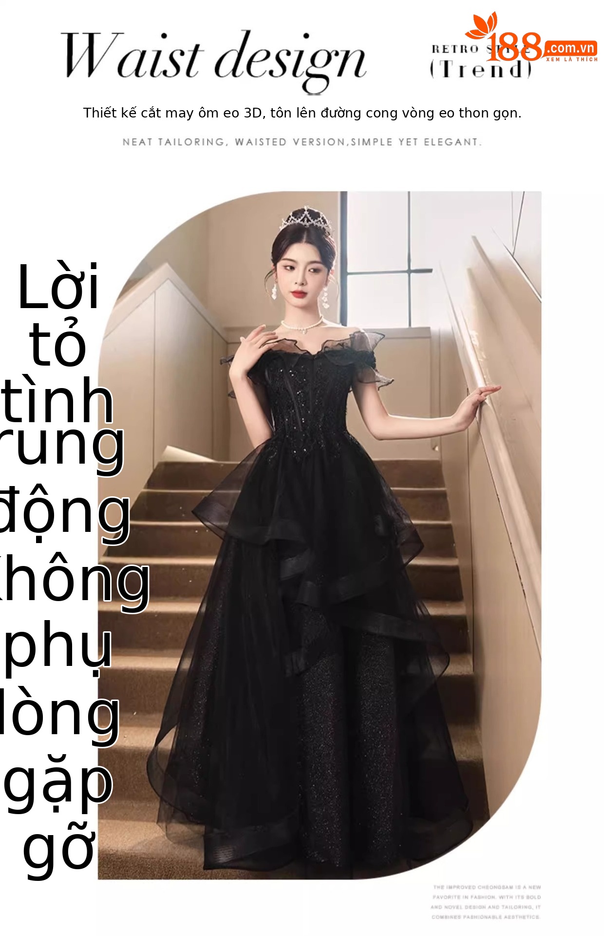 Đầm dạ hội đen trễ vai dáng dài sang trọng — Màu đen, Màu xanh xám chi tiết 2
