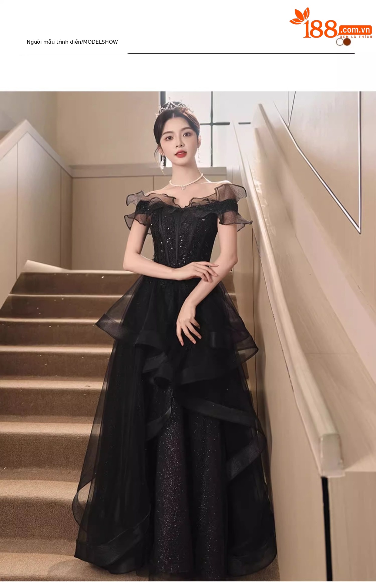Đầm dạ hội đen trễ vai dáng dài sang trọng — Màu đen, Màu xanh xám chi tiết 7