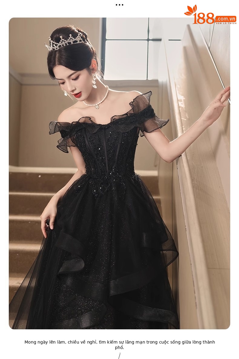 Đầm dạ hội đen trễ vai dáng dài sang trọng — Màu đen, Màu xanh xám chi tiết 9