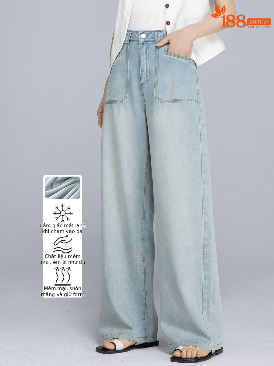 Quần jean ống rộng nữ cạp cao chất Tencel cotton mỏng mùa hè — Xanh lam nhạt cổ điển