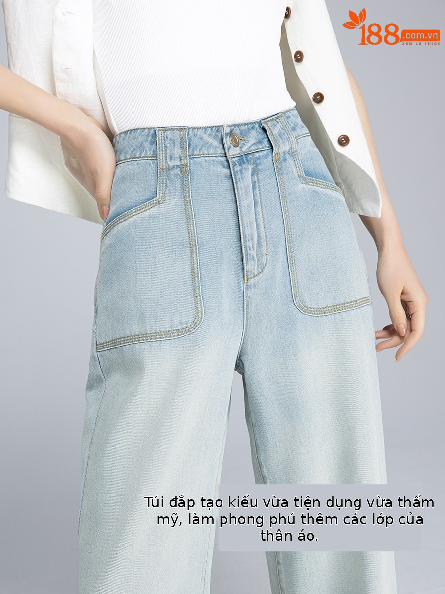 Quần jean ống rộng nữ cạp cao chất Tencel cotton mỏng mùa hè — Xanh lam nhạt cổ điển