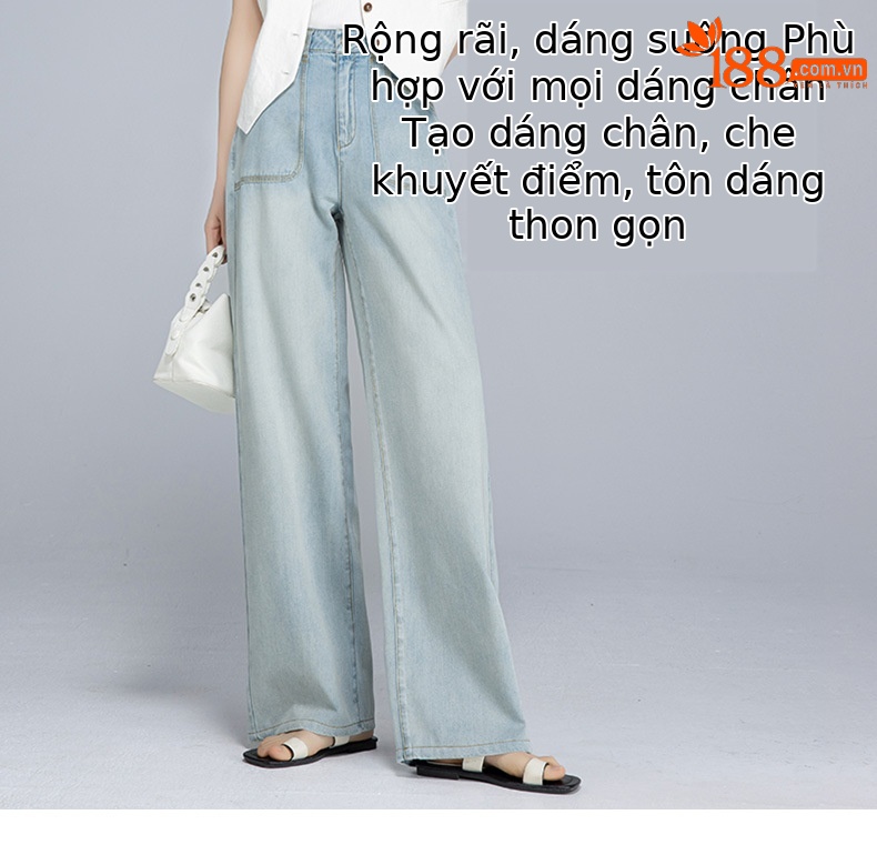 Quần jean ống rộng nữ cạp cao chất Tencel cotton mỏng mùa hè — Xanh lam nhạt cổ điển chi tiết 9
