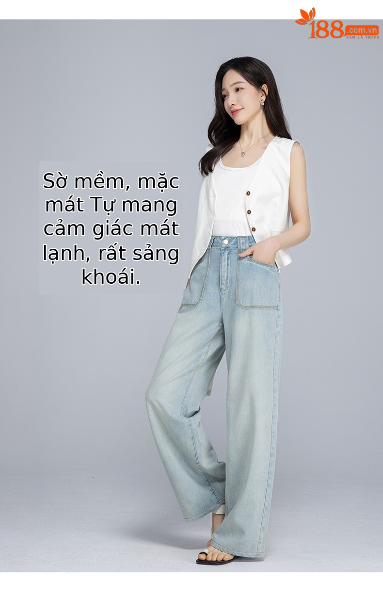 Quần jean ống rộng nữ cạp cao chất Tencel cotton mỏng mùa hè — Xanh lam nhạt cổ điển chi tiết 10