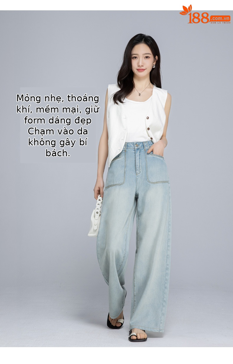 Quần jean ống rộng nữ cạp cao chất Tencel cotton mỏng mùa hè — Xanh lam nhạt cổ điển chi tiết 11