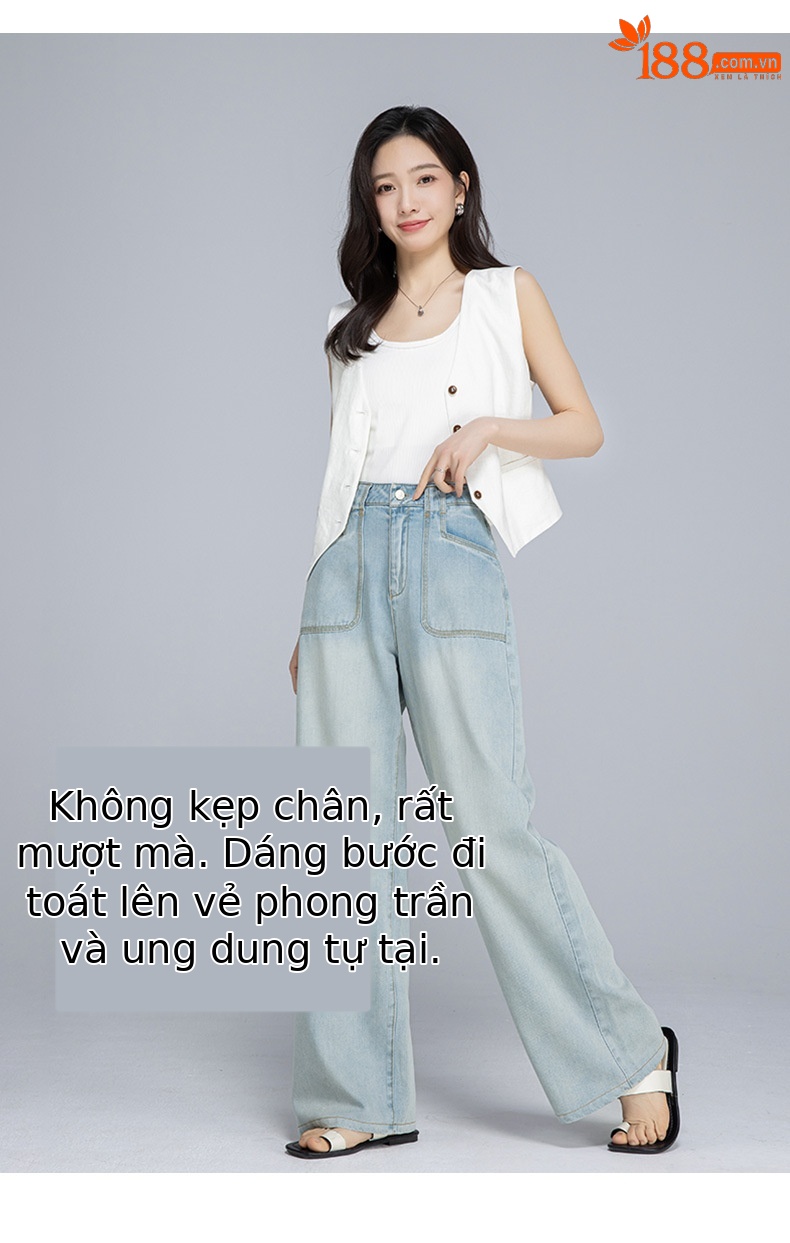 Quần jean ống rộng nữ cạp cao chất Tencel cotton mỏng mùa hè — Xanh lam nhạt cổ điển chi tiết 12