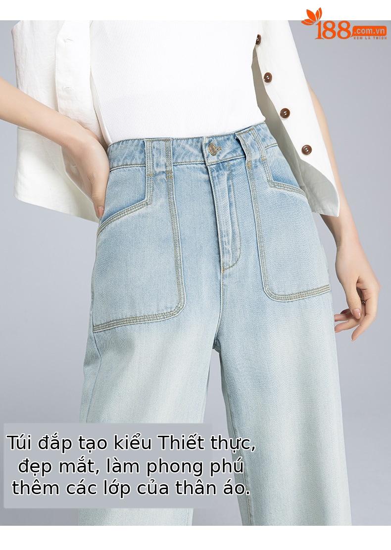 Quần jean ống rộng nữ cạp cao chất Tencel cotton mỏng mùa hè — Xanh lam nhạt cổ điển chi tiết 13
