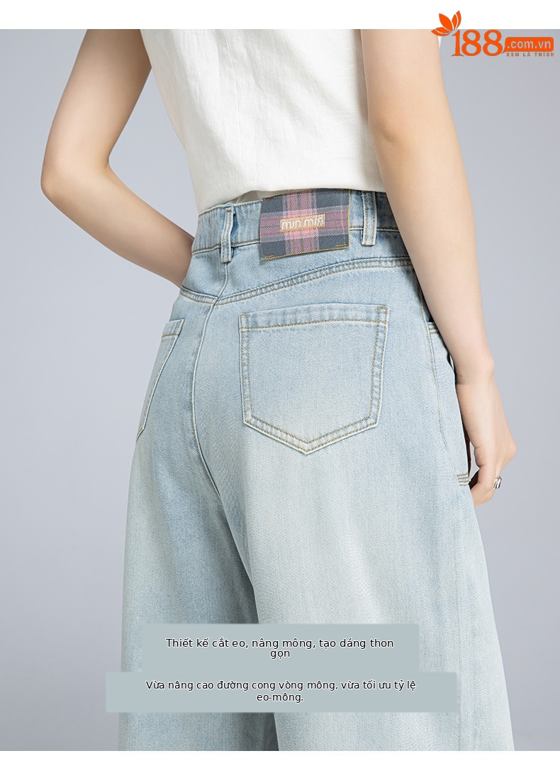 Quần jean ống rộng nữ cạp cao chất Tencel cotton mỏng mùa hè — Xanh lam nhạt cổ điển chi tiết 14