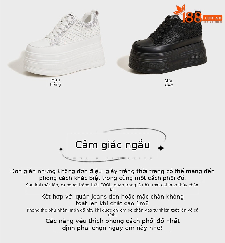 Giày sneaker nữ đế dày rhinestone trắng – phong cách chunky đế cao 8 cm — Trắng, Đen chi tiết 4