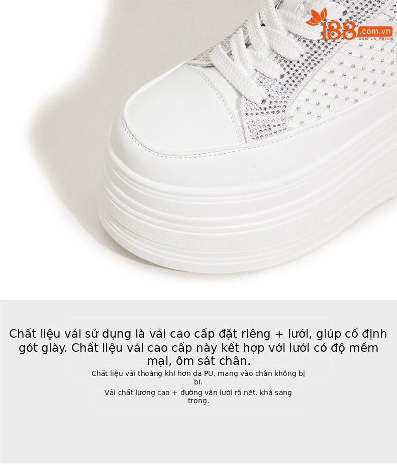 Giày sneaker nữ đế dày rhinestone trắng – phong cách chunky đế cao 8 cm — Trắng, Đen chi tiết 8