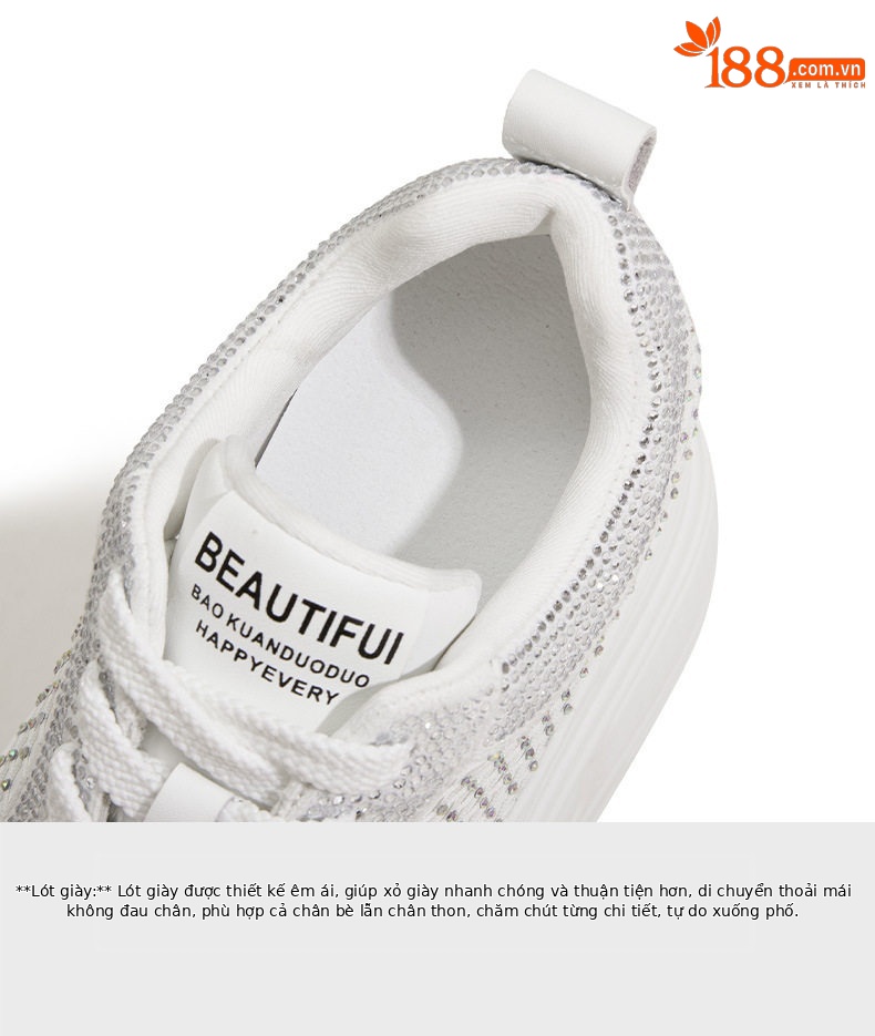 Giày sneaker nữ đế dày rhinestone trắng – phong cách chunky đế cao 8 cm — Trắng, Đen chi tiết 10