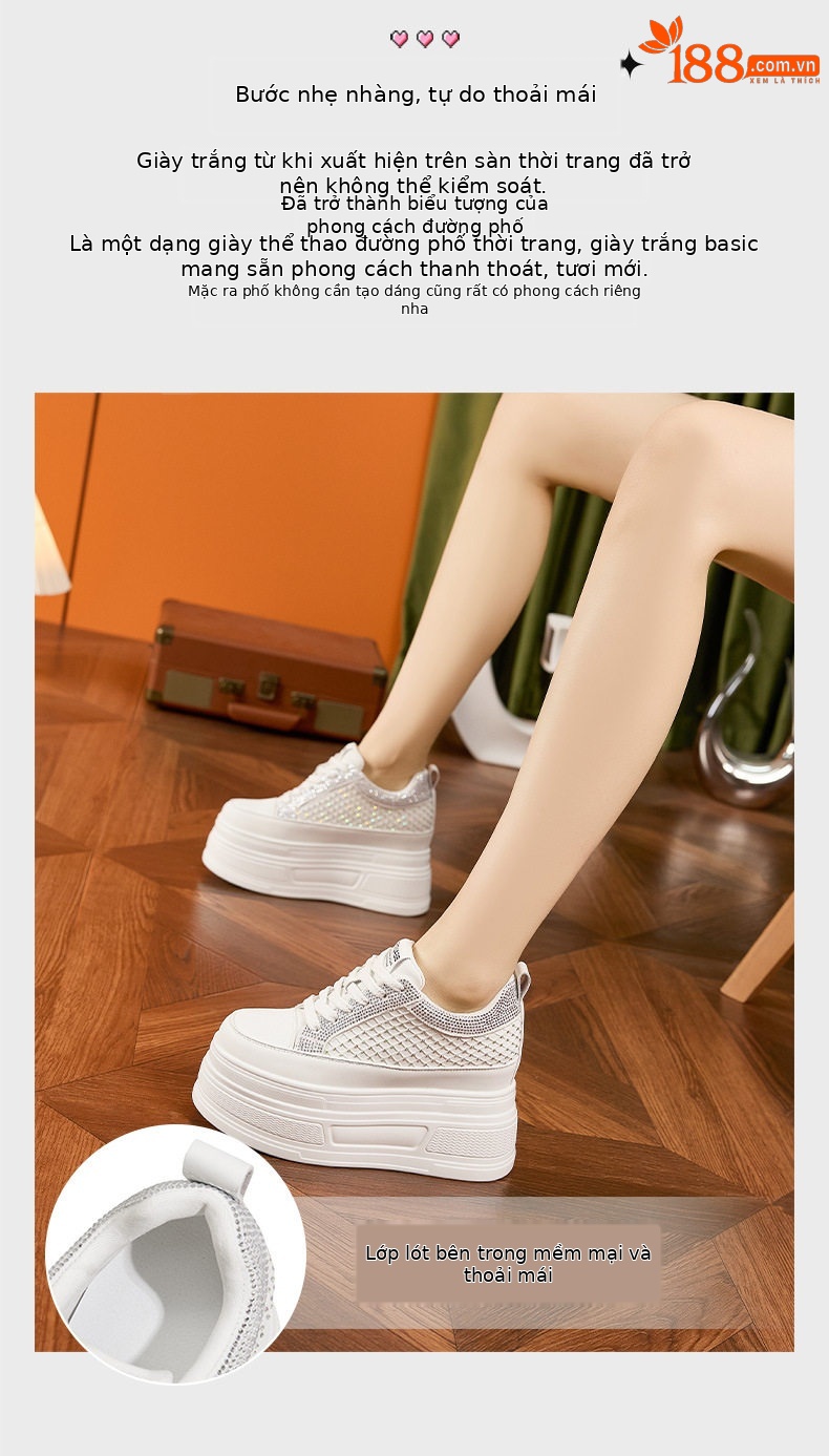 Giày sneaker nữ đế dày rhinestone trắng – phong cách chunky đế cao 8 cm — Trắng, Đen chi tiết 6