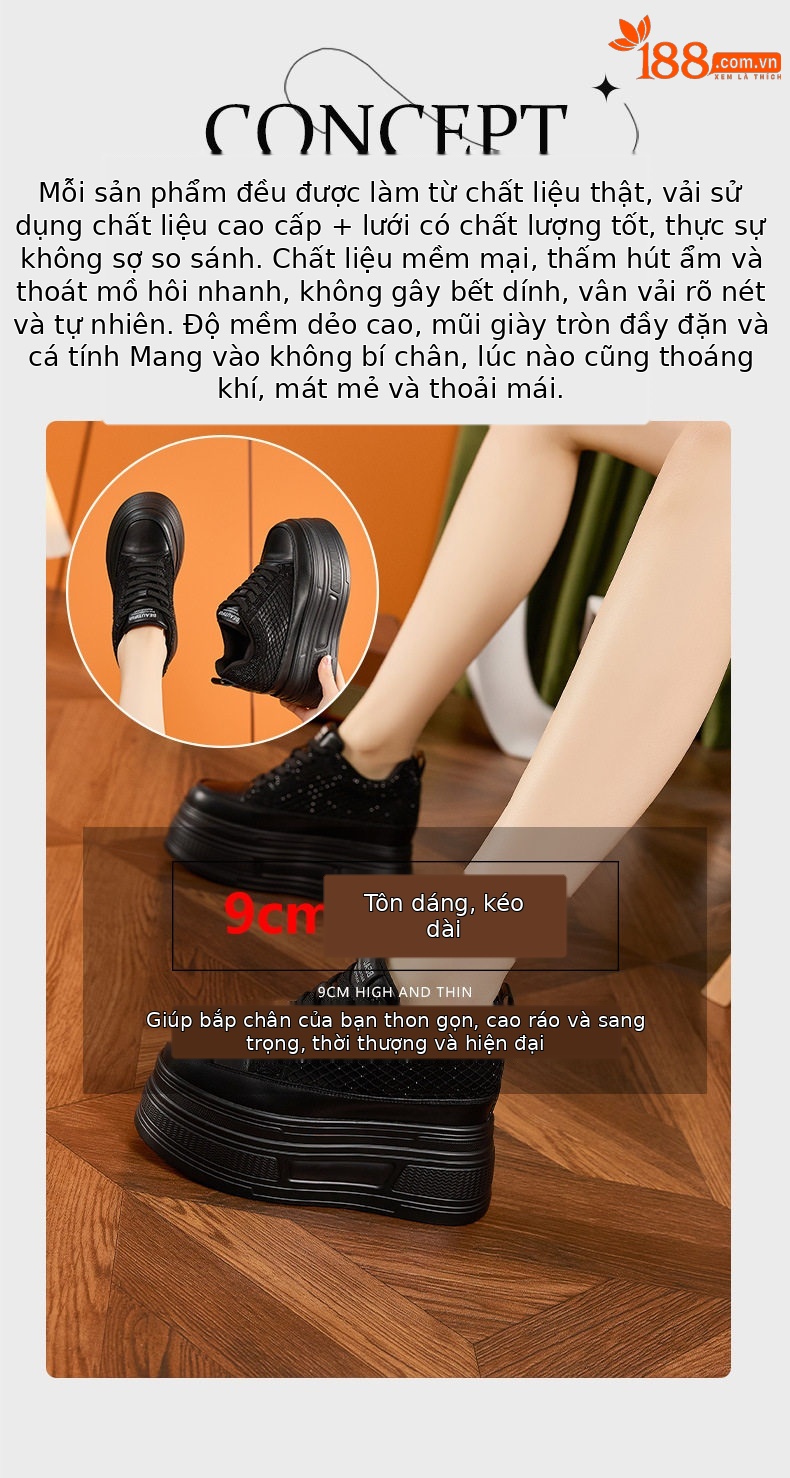 Giày sneaker nữ đế dày rhinestone trắng – phong cách chunky đế cao 8 cm — Trắng, Đen chi tiết 11