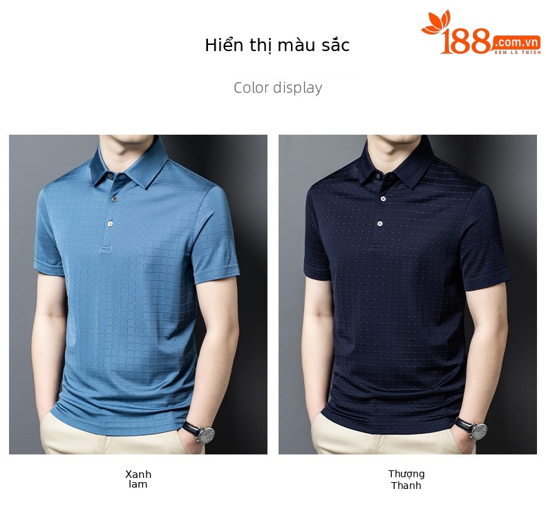 Áo polo nam tay ngắn lụa tơ tằm cao cấp cổ bẻ mỏng nhẹ mùa hè — Màu xanh lam 25086 chi tiết 5