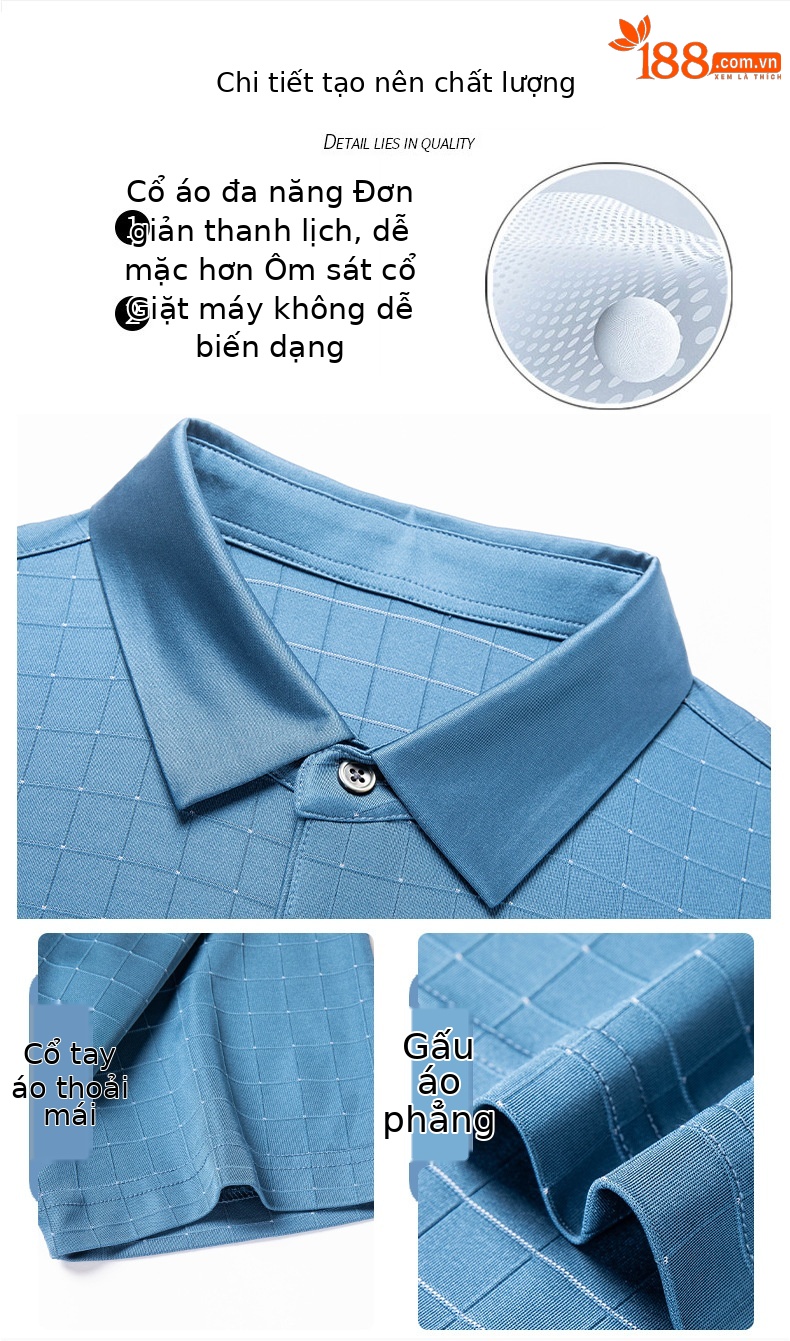 Áo polo nam tay ngắn lụa tơ tằm cao cấp cổ bẻ mỏng nhẹ mùa hè — Màu xanh lam 25086 chi tiết 4