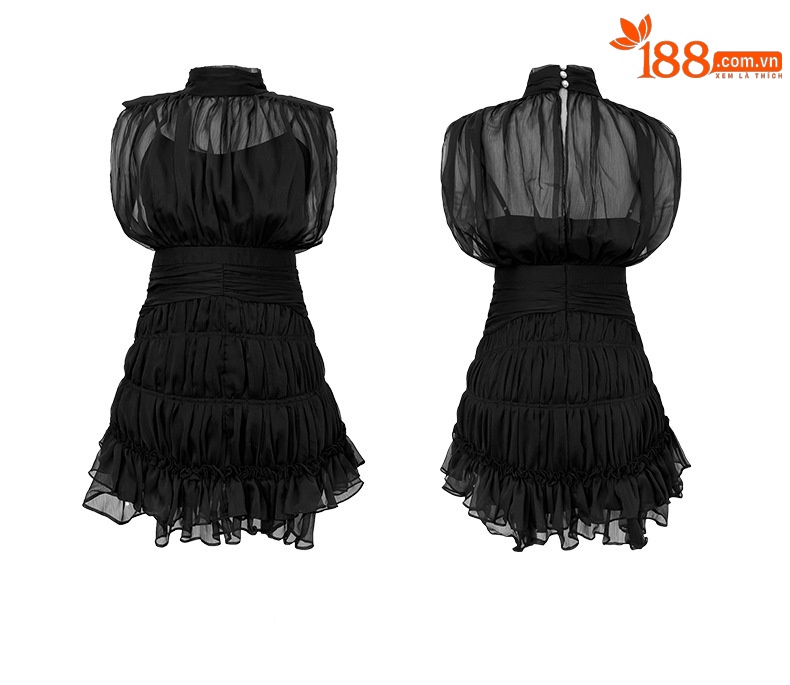 Váy đen Hepburn kiểu Pháp thiết kế xếp tầng dáng suông midi — Màu đen chi tiết 2