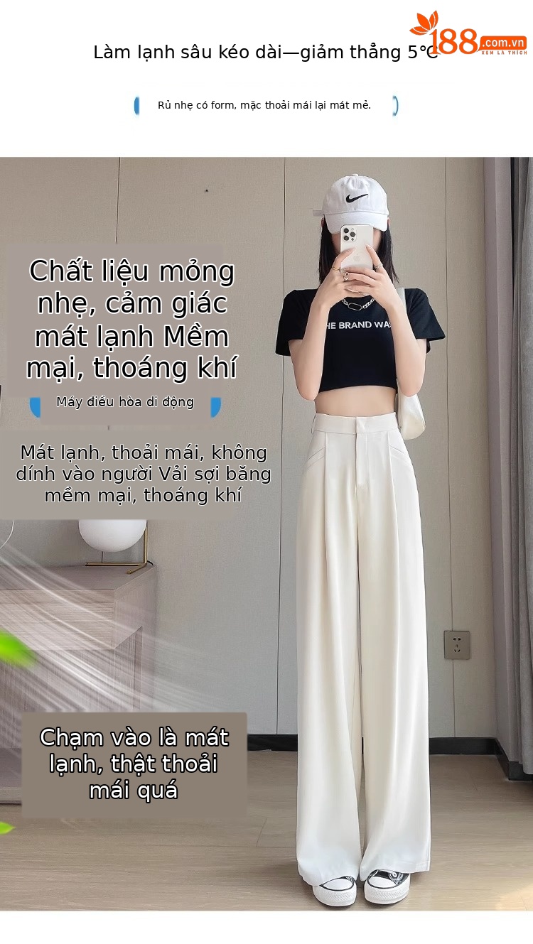 Quần tây nữ cạp cao ống đứng chất lụa băng mỏng mùa hè — Màu đen mẫu thông thường chi tiết 4
