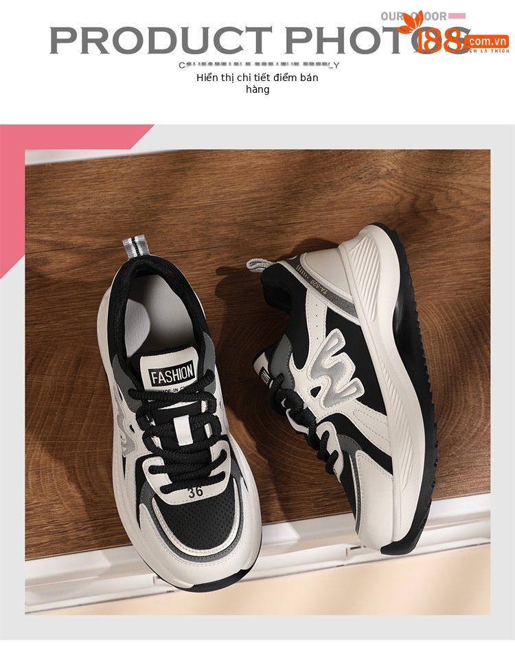 Giày sneaker nữ chunky đế dày phối màu gấu trúc, mặt da thoáng khí xuân hè 2025 — JST 7043m gót đỏ cao 5.5cm, JST 7025m màu xám, chiều cao gót 4,5cm + chiều cao bên trong tăng 0,6cm, JST 1803m đế đơn màu đen cao gót 5.0cm, JST 2139- 1m cà phê nhung gót cao 4.0cm chi tiết 3