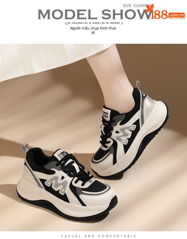 Giày sneaker nữ chunky đế dày phối màu gấu trúc, mặt da thoáng khí xuân hè 2025 — JST 7043m gót đỏ cao 5.5cm, JST 7025m màu xám, chiều cao gót 4,5cm + chiều cao bên trong tăng 0,6cm, JST 1803m đế đơn màu đen cao gót 5.0cm, JST 2139- 1m cà phê nhung gót cao 4.0cm chi tiết 4