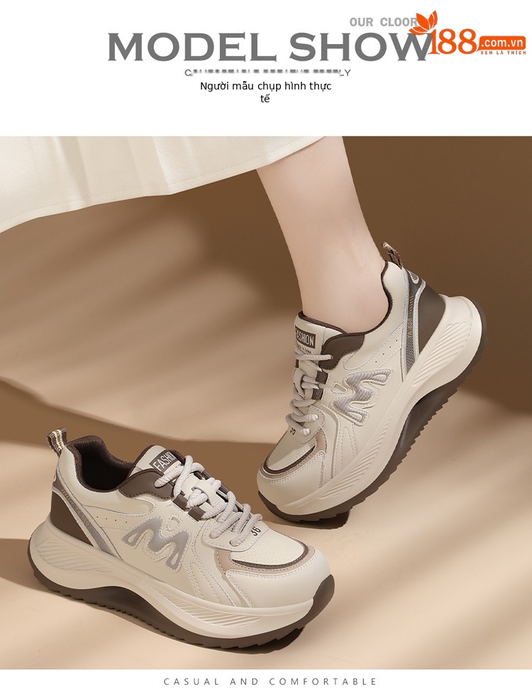 Giày sneaker nữ chunky đế dày phối màu gấu trúc, mặt da thoáng khí xuân hè 2025 — JST 7043m gót đỏ cao 5.5cm, JST 7025m màu xám, chiều cao gót 4,5cm + chiều cao bên trong tăng 0,6cm, JST 1803m đế đơn màu đen cao gót 5.0cm, JST 2139- 1m cà phê nhung gót cao 4.0cm chi tiết 9