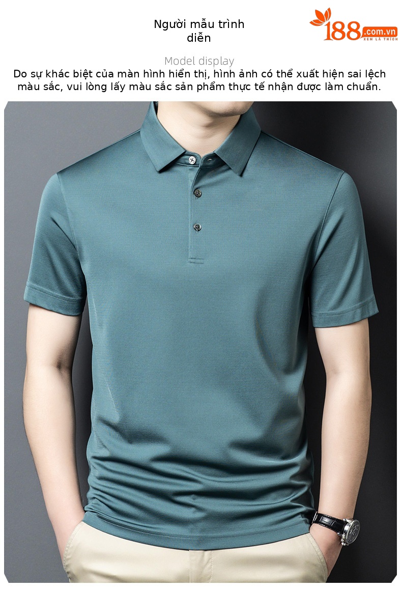 Áo polo nam cổ bẻ tay ngắn chất liệu tơ tằm mềm mịn, form thoải mái mùa hè — Màu xanh lá 25088 chi tiết 7