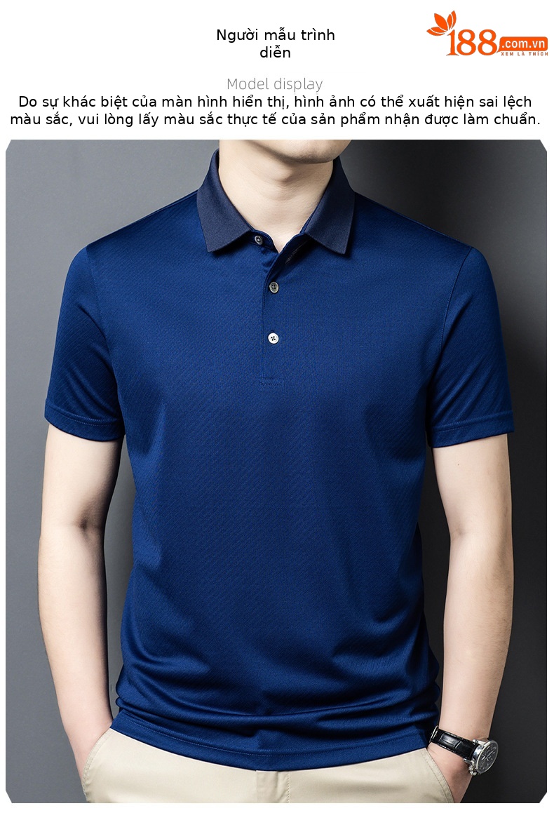 Áo polo nam tay ngắn cổ bẻ chất liệu dâu tằm mềm mịn — Màu xanh đậm 25081 chi tiết 6