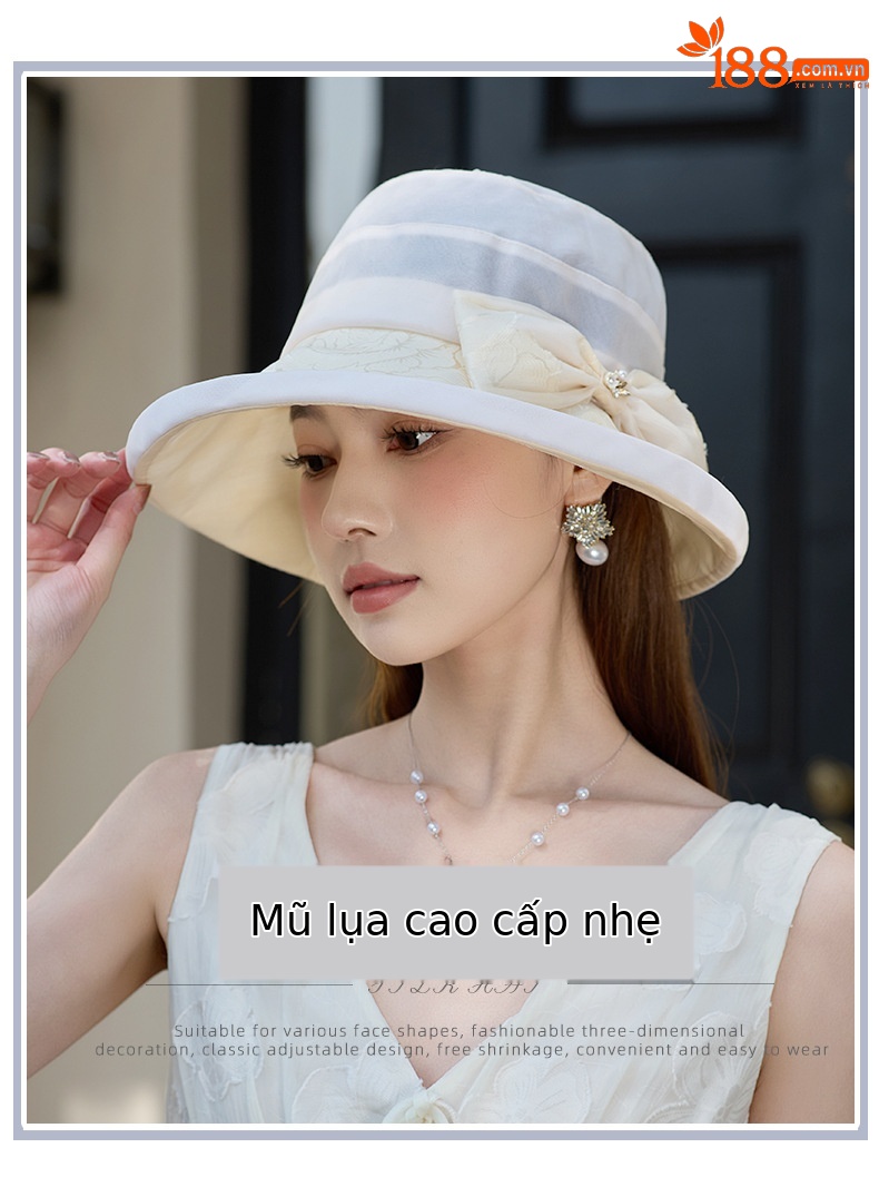 Mũ rộng vành nữ lụa tơ tằm thoáng khí chống nắng họa tiết cắt hoa kỹ thuật số — Màu xám chi tiết 1