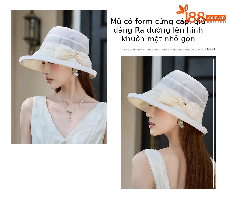 Mũ rộng vành nữ lụa tơ tằm thoáng khí chống nắng họa tiết cắt hoa kỹ thuật số — Màu xám chi tiết 2