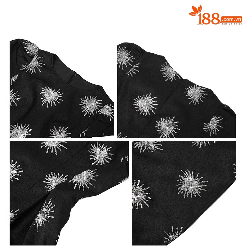 Đầm ngắn tay sequin đen thiết kế kiểu Pháp thắt eo cao — Màu đen chi tiết 1