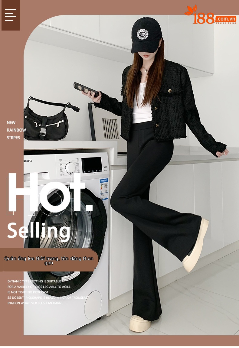 Quần ống loe nữ cạp cao dáng suông vải suit mềm mại — Màu đen-mẫu thông thường (157-162cm) chi tiết 1