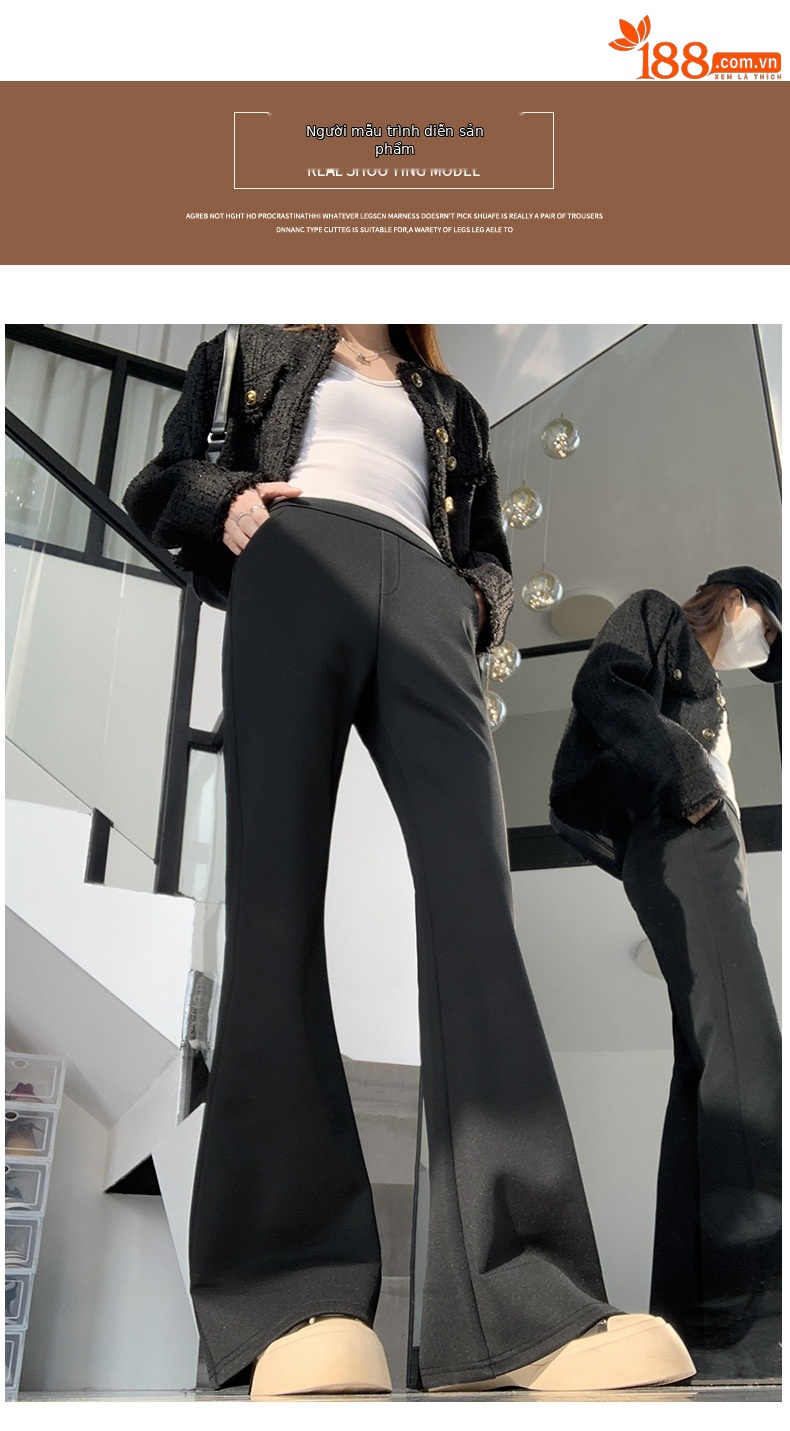 Quần ống loe nữ cạp cao dáng suông vải suit mềm mại — Màu đen-mẫu thông thường (157-162cm) chi tiết 6