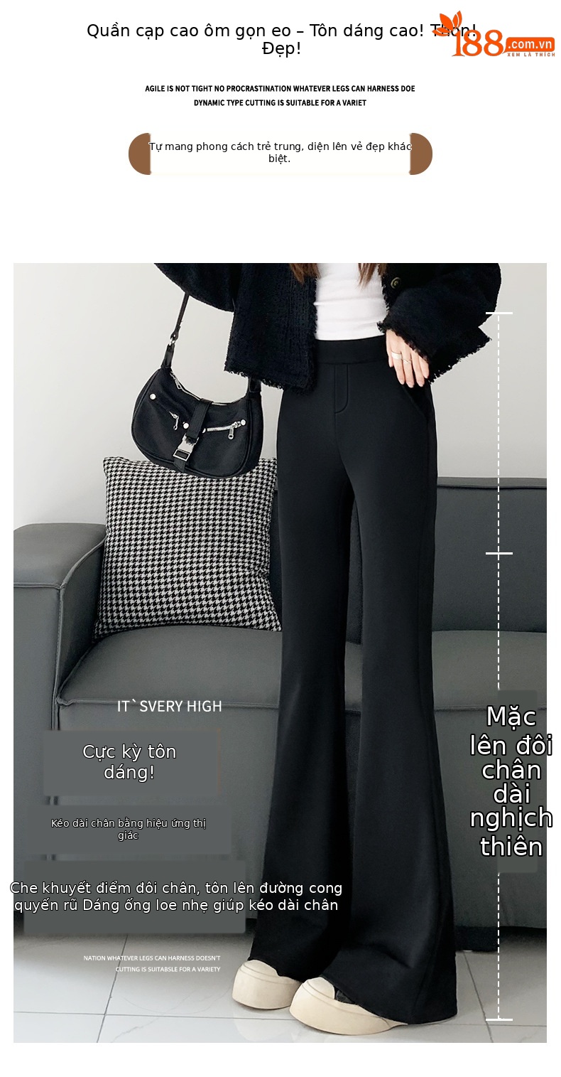 Quần ống loe nữ cạp cao dáng suông vải suit mềm mại — Màu đen-mẫu thông thường (157-162cm) chi tiết 2