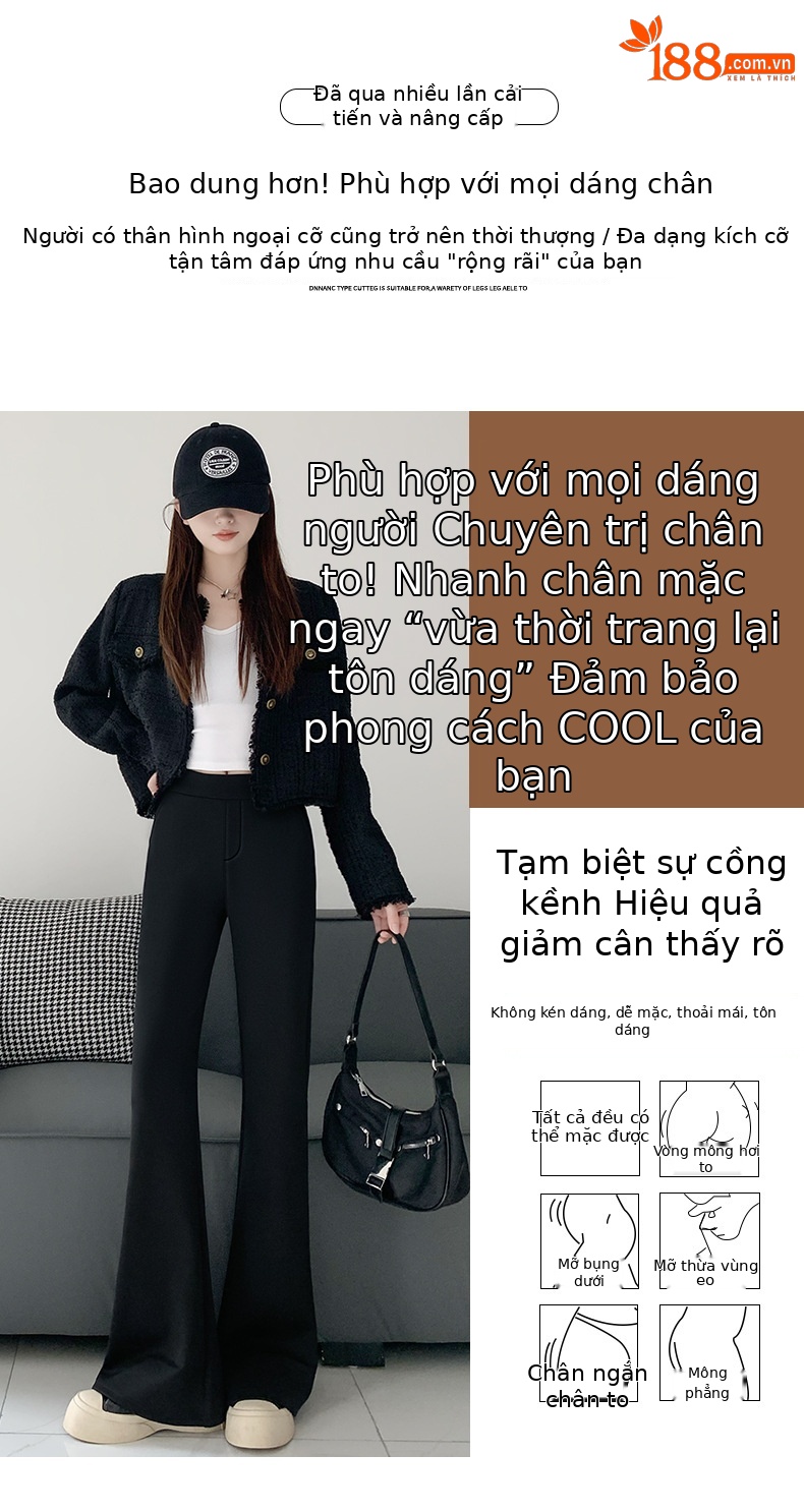 Quần ống loe nữ cạp cao dáng suông vải suit mềm mại — Màu đen-mẫu thông thường (157-162cm) chi tiết 5